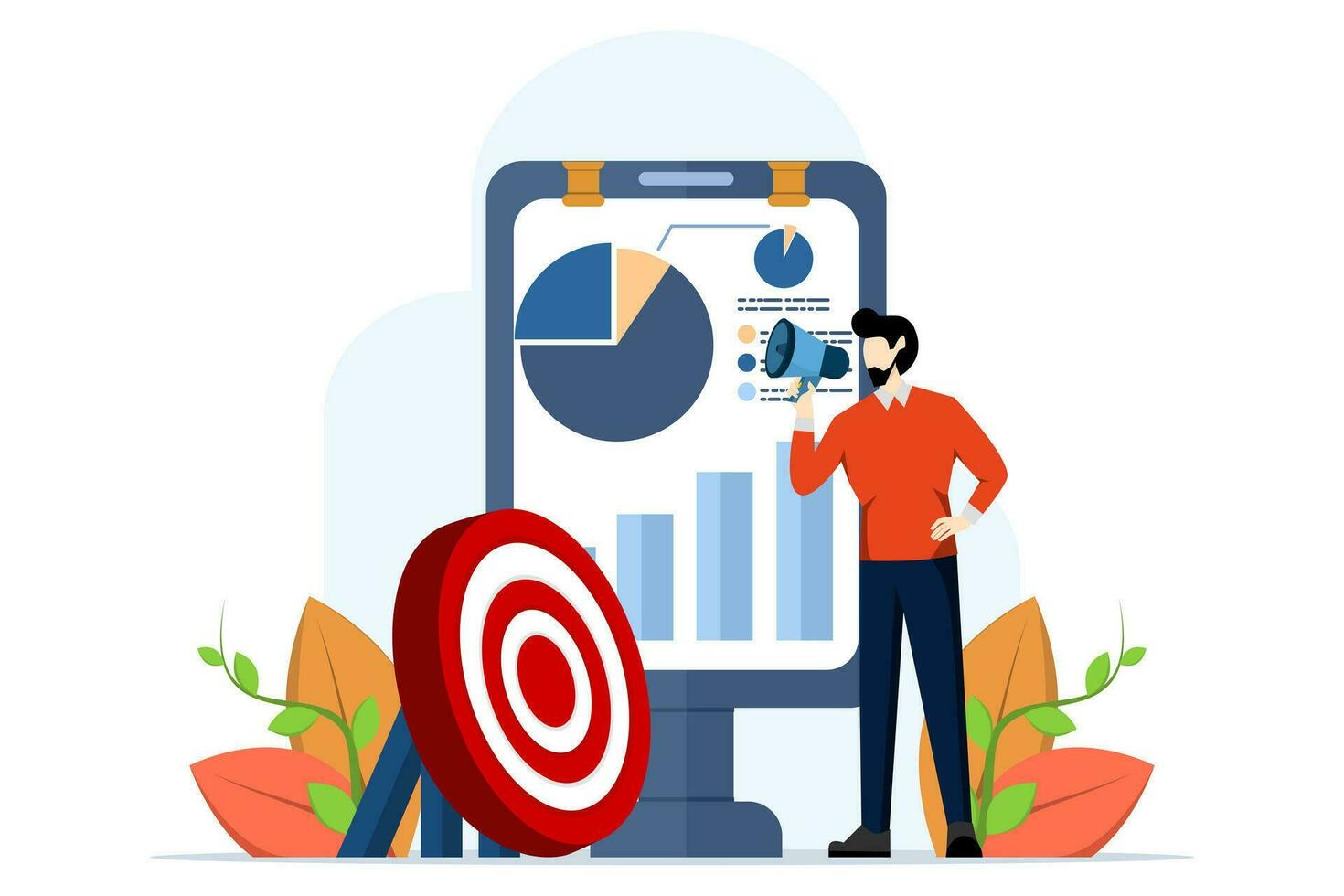 advertising and customer communication concept, businessman announcing marketing promotion with elements, Marketing, digital marketing or pr via social media to drive sales or brand awareness. vector