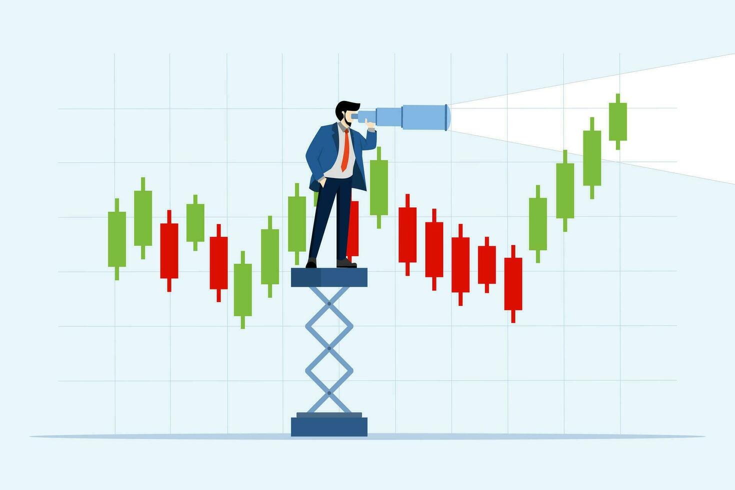 businessman investor looking through binoculars at trading candlestick chart. Investment estimation or prediction, concept of future profits in stock trading, vision of seeing investment opportunities vector