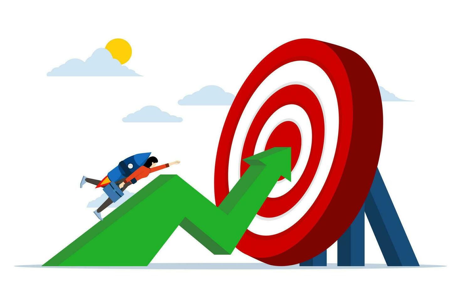 progress or development concept, businessman flying with rocket on bar graph of growth or increase in income graph. business growth, increased investment profits, increased sales and income. vector