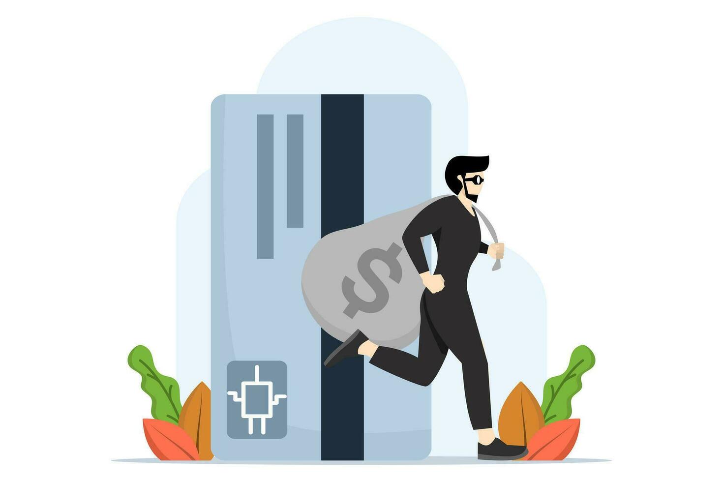 thief with dark black robbery walking with big bag with dollar sign money sign from credit card online payment. Credit card online hacking, online hacking or financial robbery concept. vector