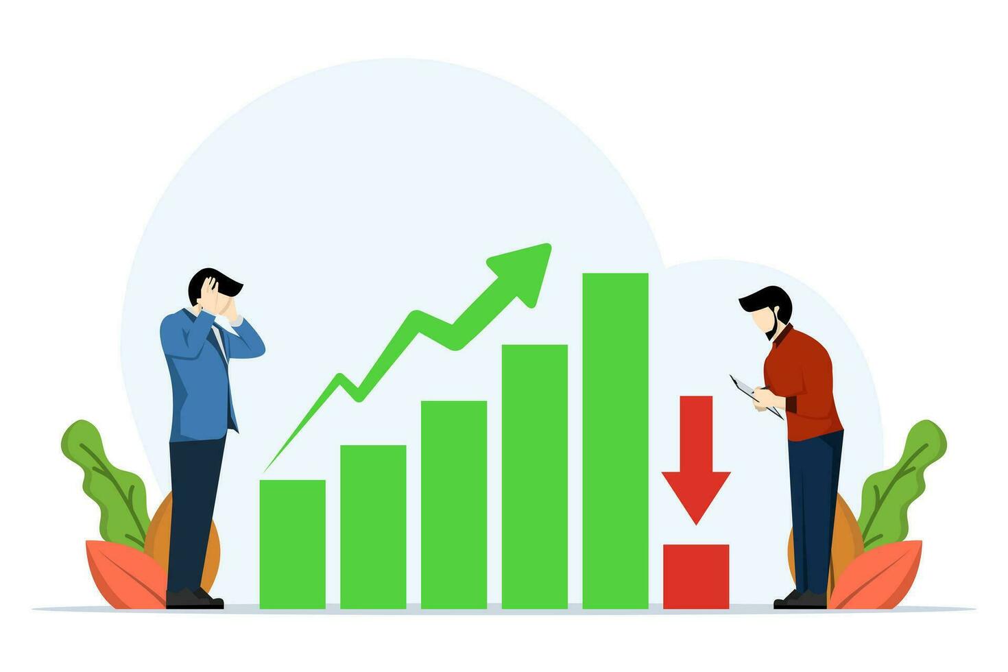 estresado inversor empresario mirando a que cae grafico. pronóstico o predecir el siguiente económico recesión, bajo rendimiento o disminución en pib, valores mercado rechazar, o disminución en ingresos concepto. vector