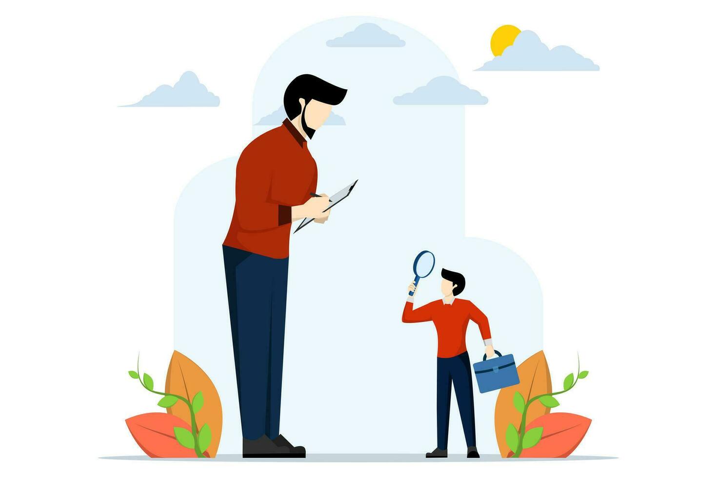 Suspicious businesspeople analyzing each other with a magnifying glass Partners suspicious or distrustful, worried or questioning business transparency concept, doubting or pretending, analyzing fake. vector