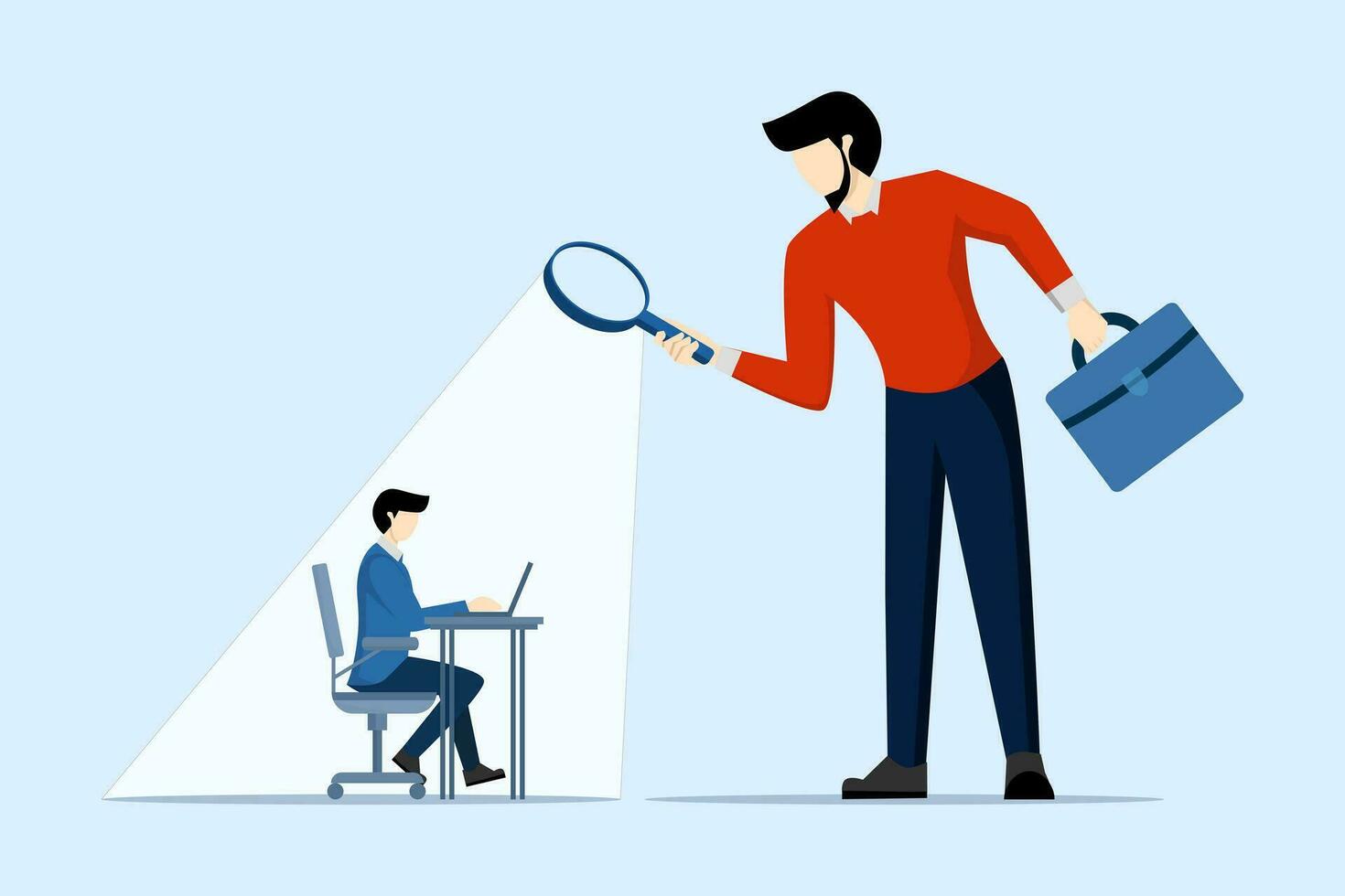micro manager boss using magnifying glass watching employee work. Micromanaging bosses, toxic managers who monitor every detail, oversight and control over employee work and processes. vector