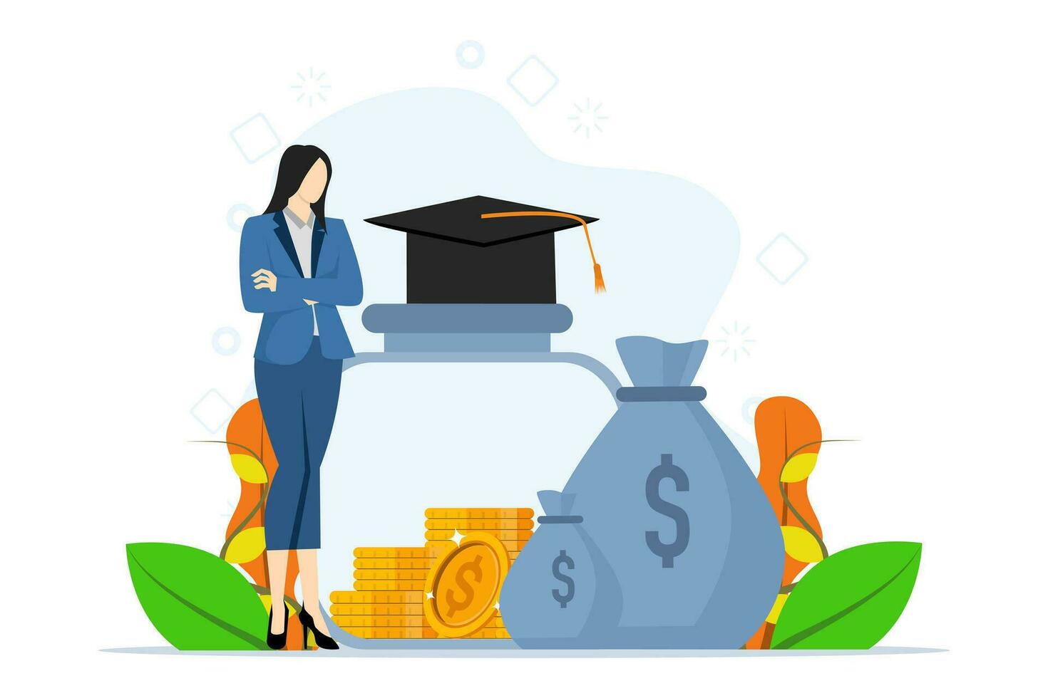 financial education concept. Student character invests his money in education and knowledge. Personal finance management and financial literacy concept. Flat vector illustration on white background.