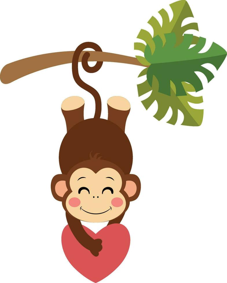 Funny monkey hanging from palm branch holding a heart vector