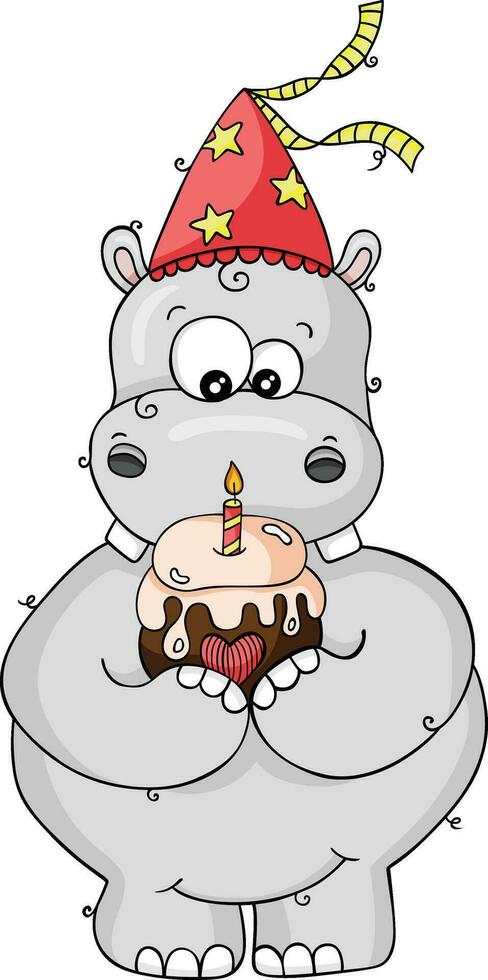 Cute birthday hippo holding a cake with candle vector