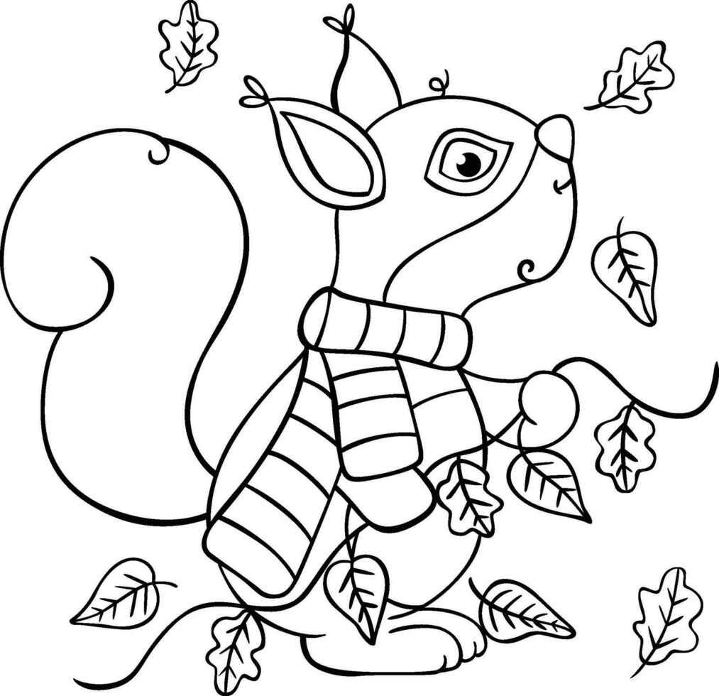Autumn squirrel with fall leaves in black line doodle style vector