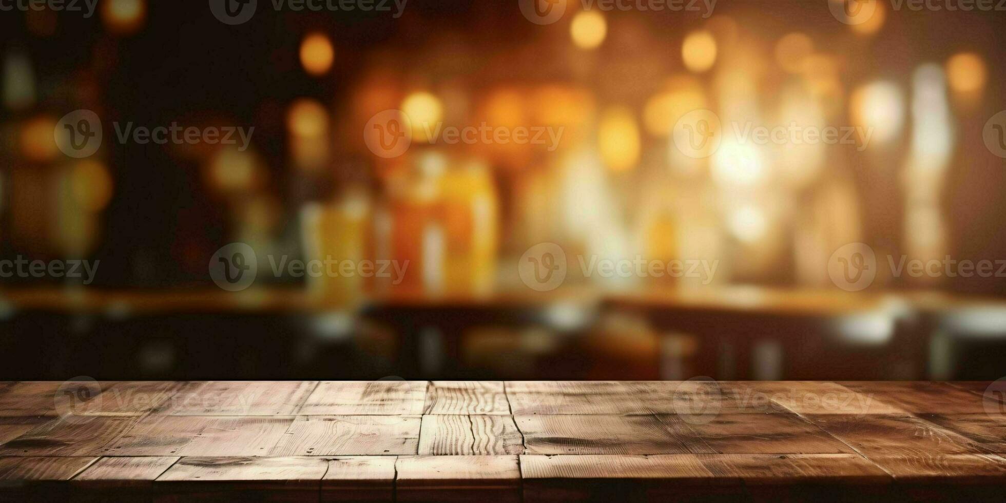 AI generated Empty Wooden Table with Bokeh Cafe Background and Golden Lights. Generative AI photo