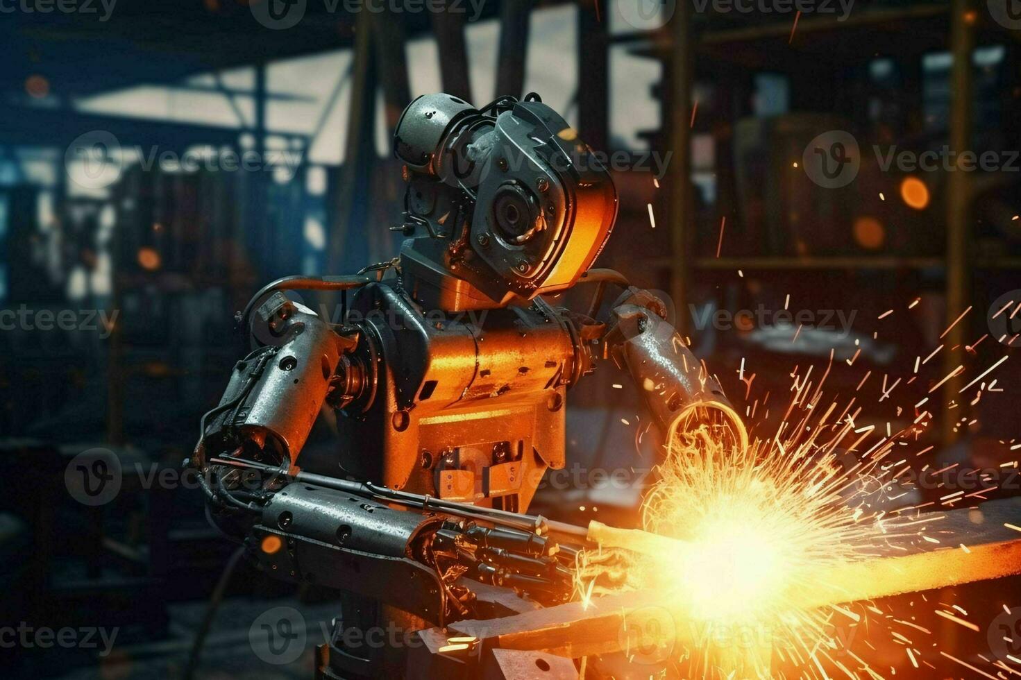 AI generated Industrial Robots at Work. Industrial Robots Doing Welding. Generative AI photo