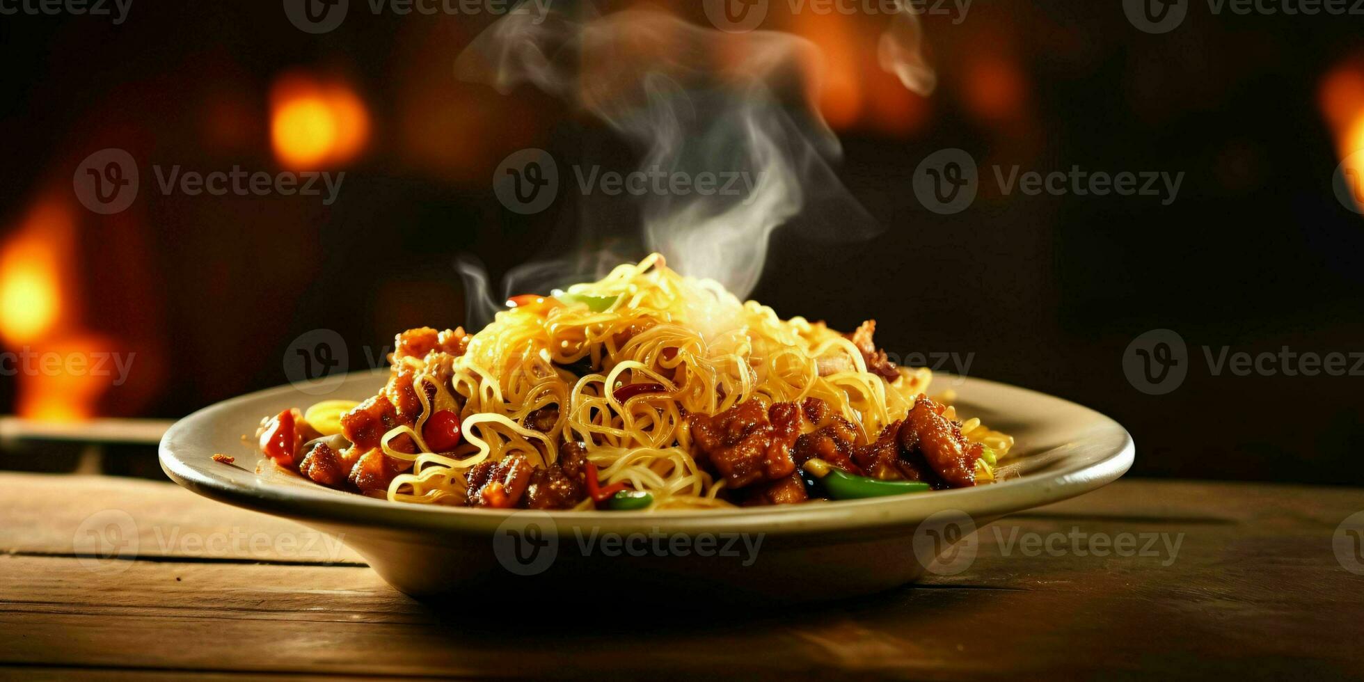 AI generated Delicious Fried Noodle with Smoky Effect on a Wooden Table. Generative AI photo