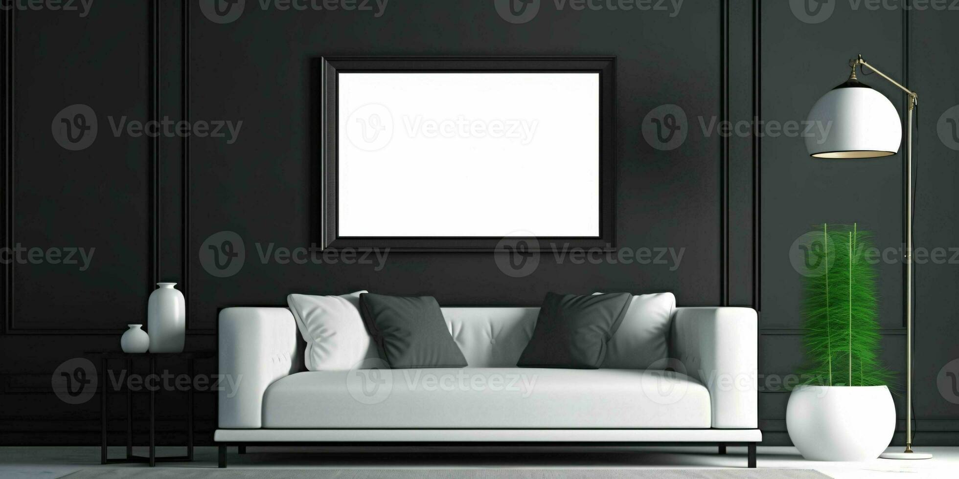 AI generated Modern and Minimalist Living Room Interior Design with Blank White Picture Frame Mockup. Generative AI photo