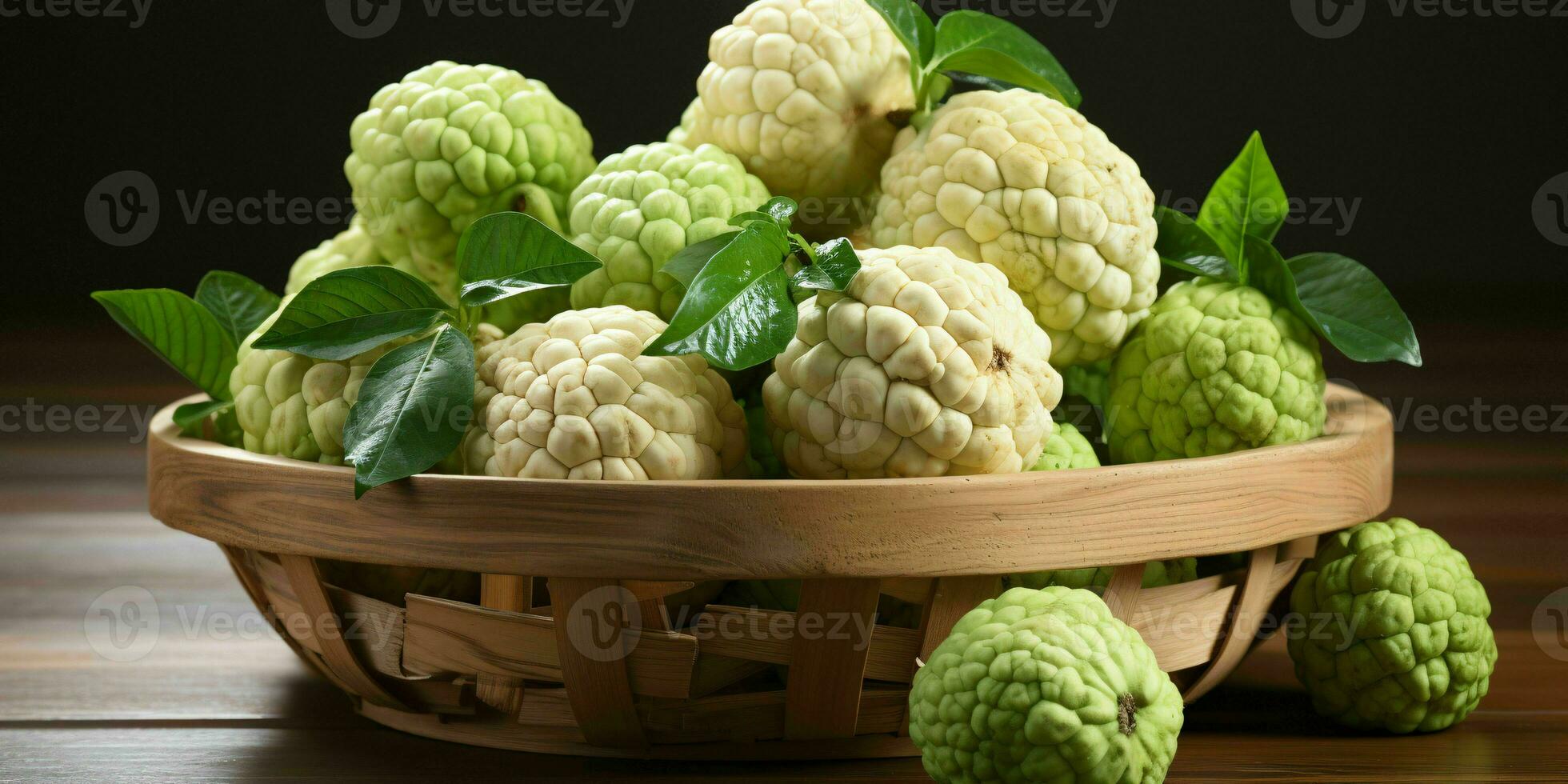 AI generated Fresh Custard Apples in a Basket. Sugar Apple. Healthy Fruit. Generative AI photo