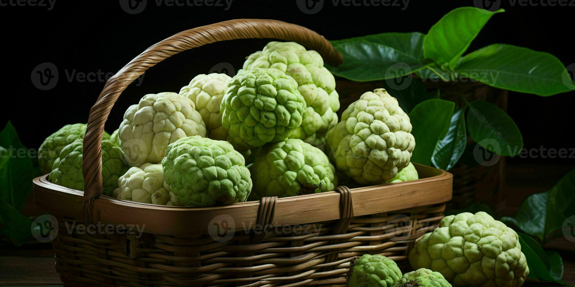 AI generated Fresh Custard Apples in a Basket. Sugar Apple. Healthy Fruit. Generative AI photo