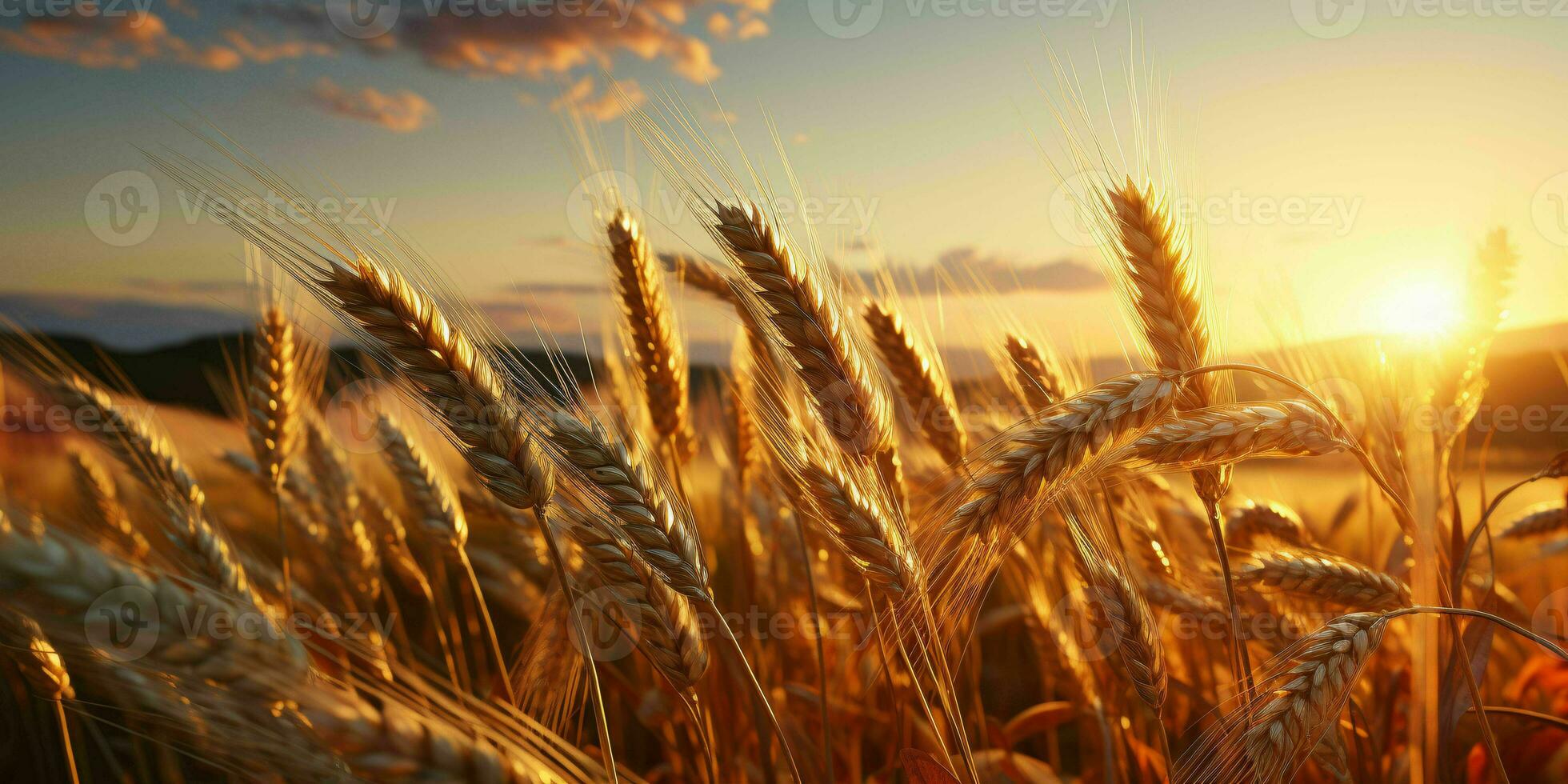 ai generado trigo campos con un hermosa puesta de sol vista. generativo ai foto