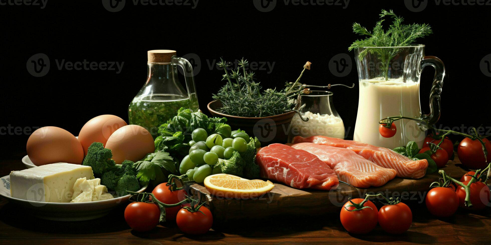 AI generated Arrangement of Raw Meat, Milk, Eggs, and Vegetables on Black Background. Generative AI photo