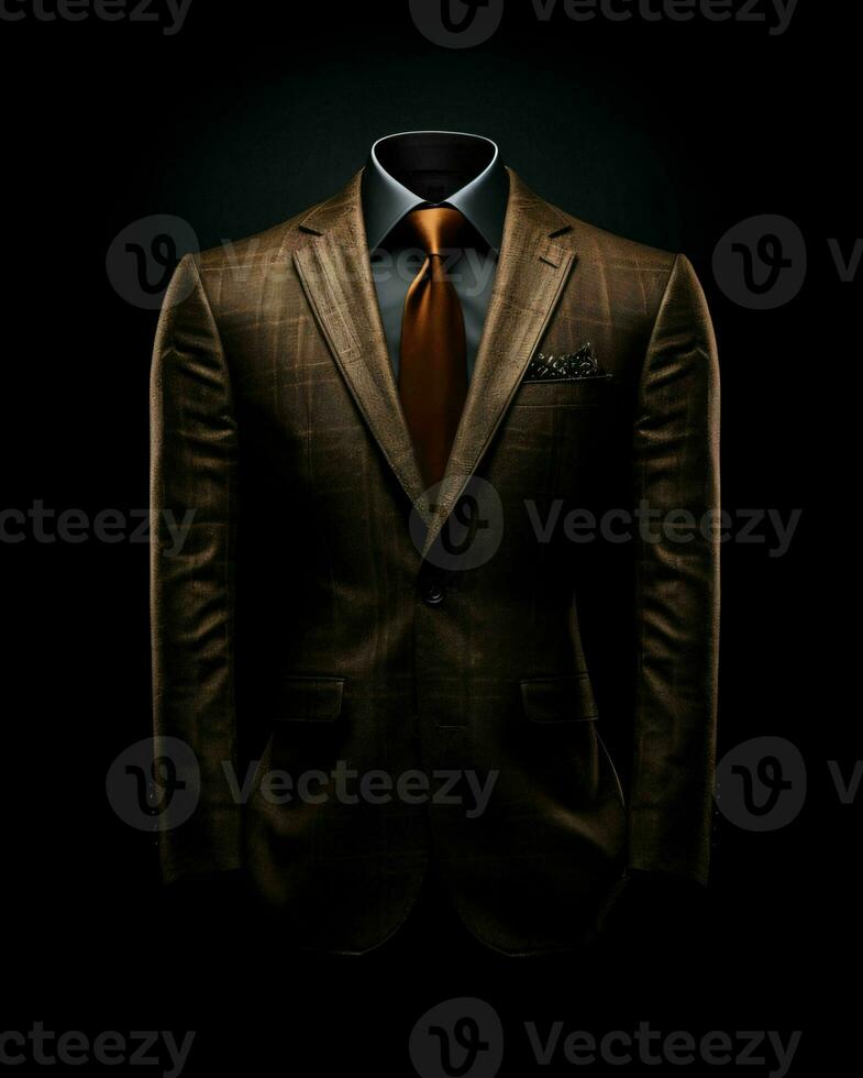 AI generated Elegant Brown Men's Suit Isolated on Black Background. Generative AI photo