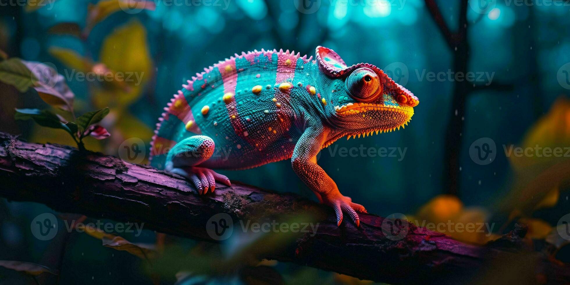 AI generated Colorful Chameleon Perched on a Tree Branch with Vibrant Neon Light Effect. Digital Art. Generative AI photo