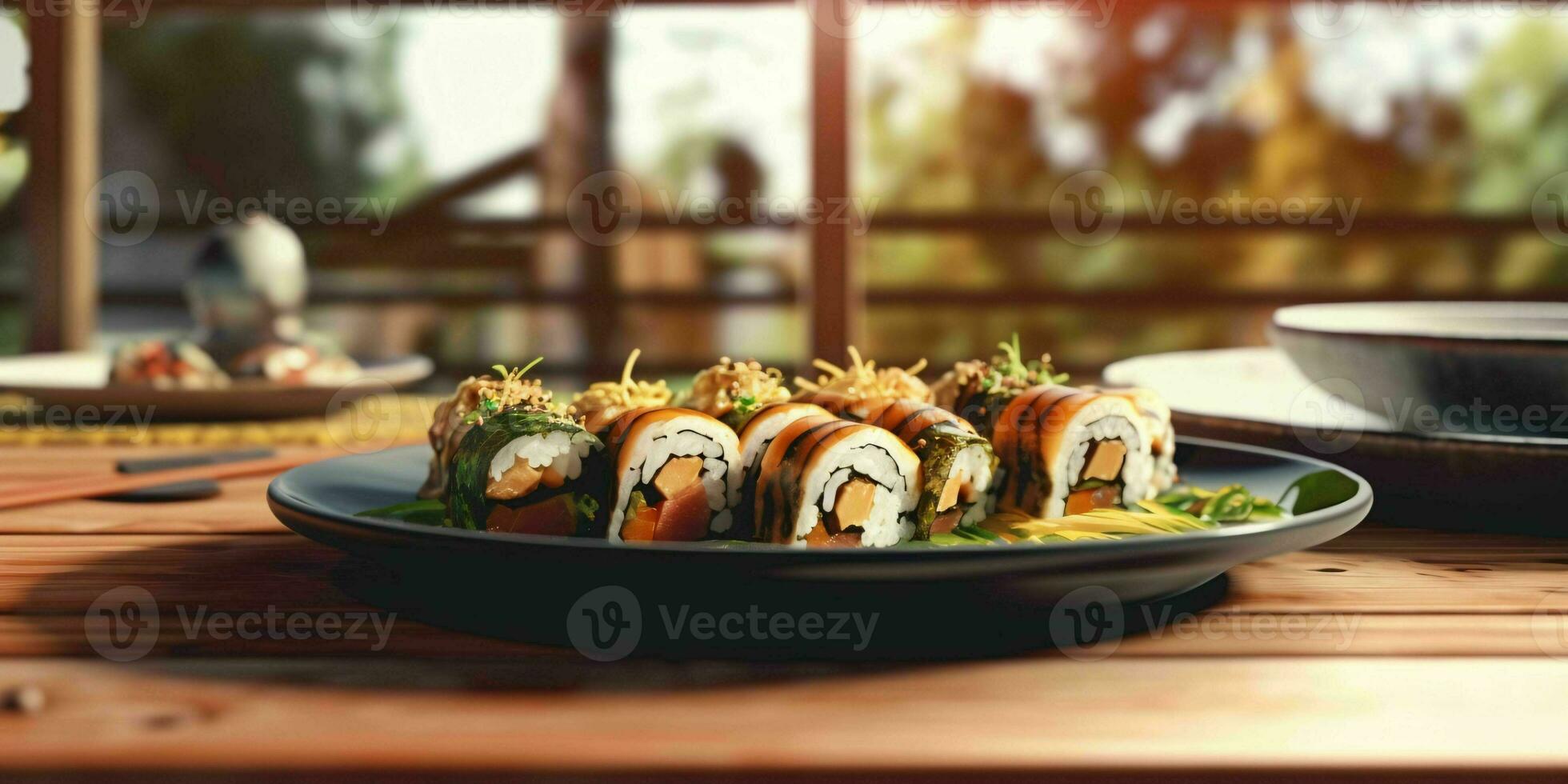 ai generado delicioso Sushi rollos servido en un lámina. generativo ai foto