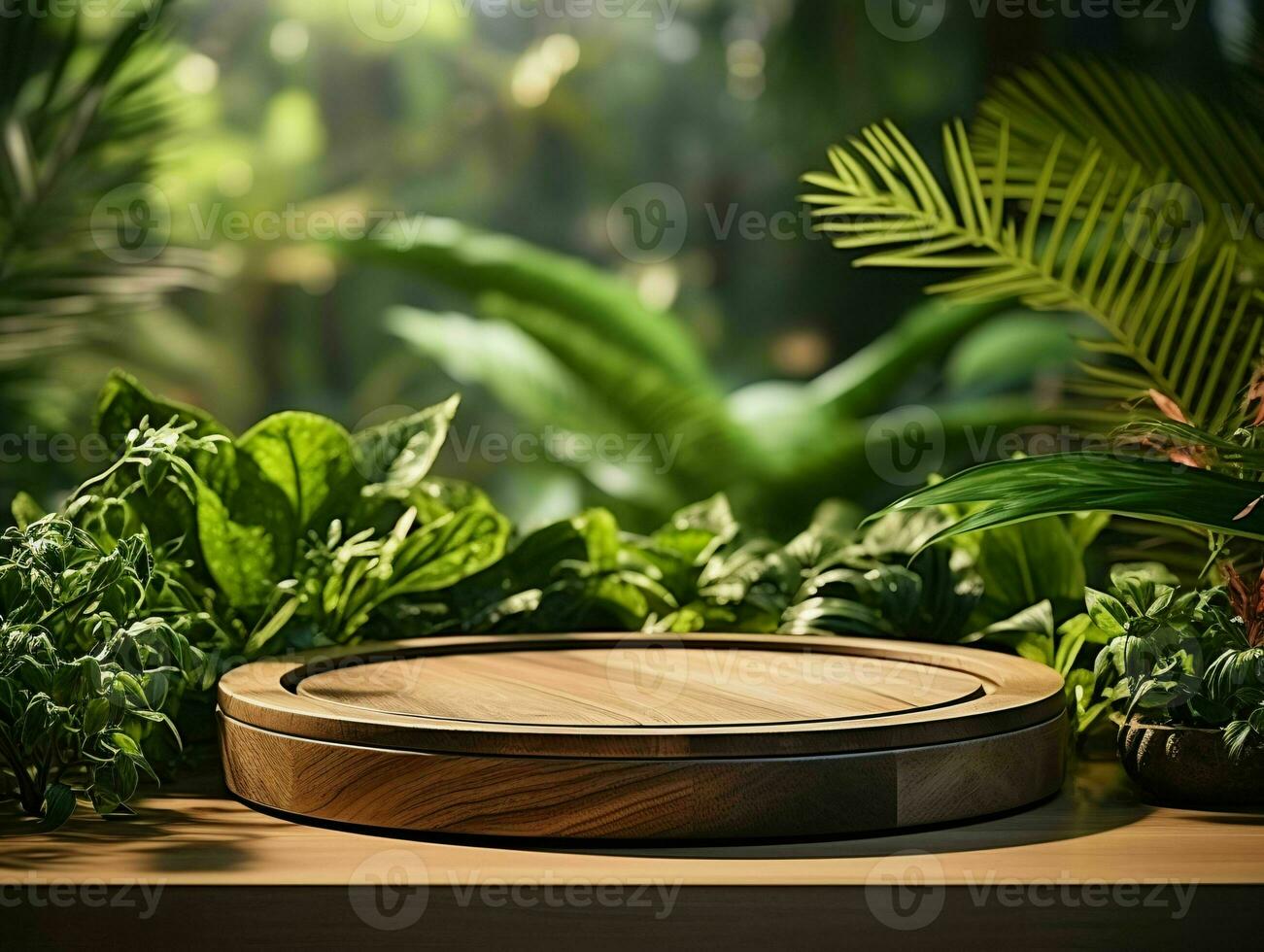 AI generated Wooden Product Display Podium with Nature Background. Natural Product Placement Pedestal Stand. Generative AI photo