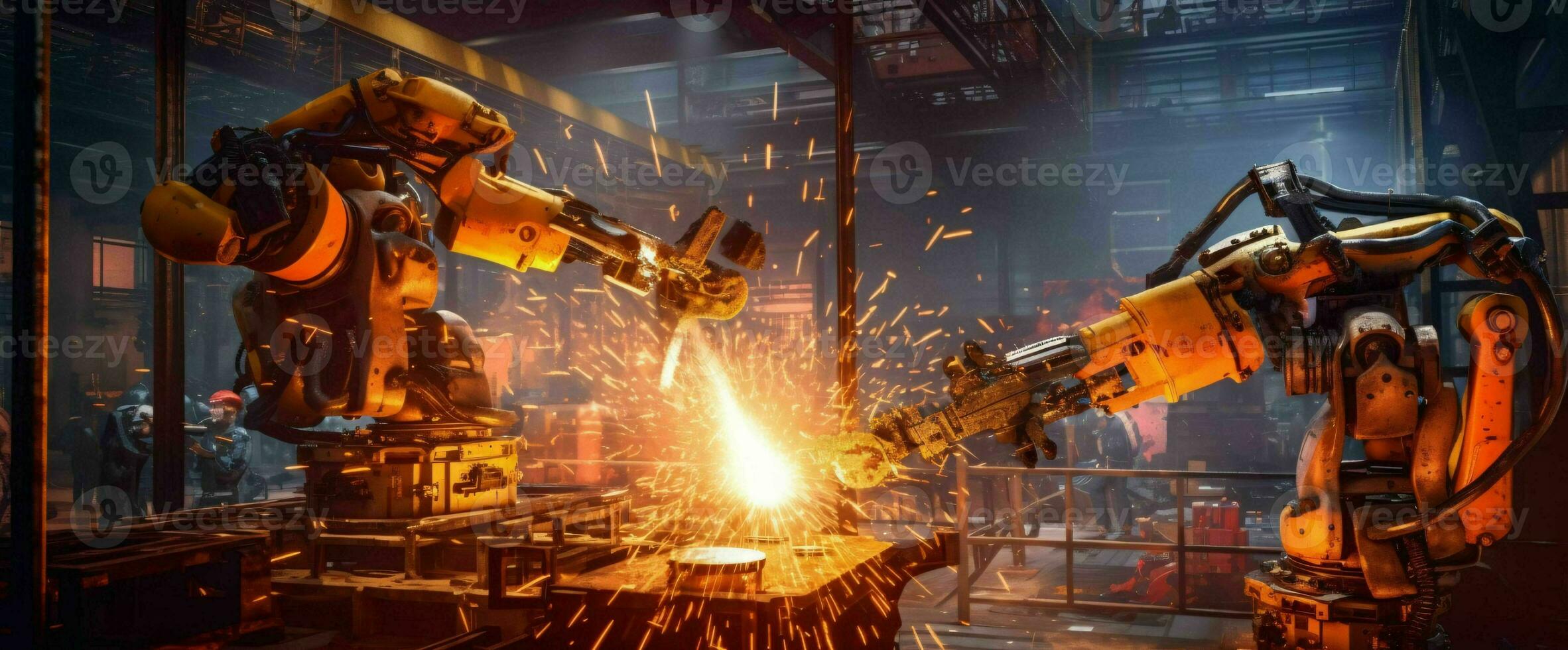 AI generated Industrial Robots at Work. Industrial Robots Doing Welding. Generative AI photo