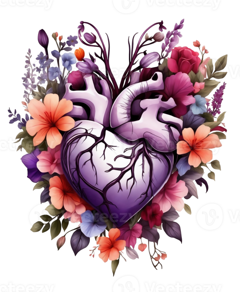 AI generated graphics of a human heart in colorful flowers png