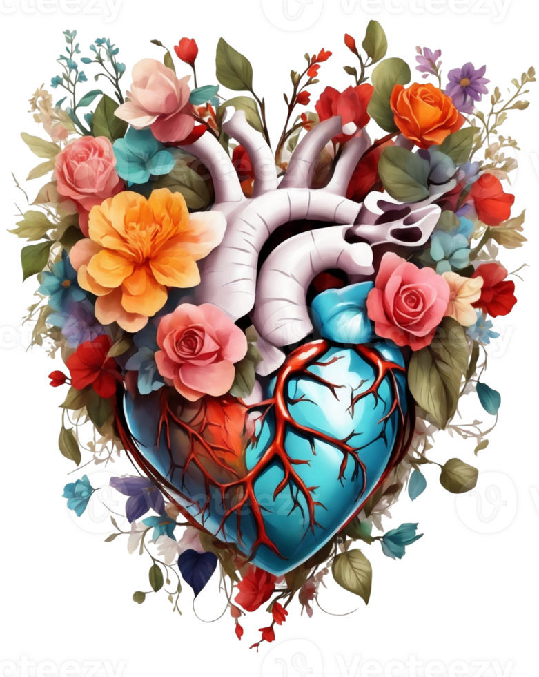 AI generated graphics of a human heart in colorful flowers png