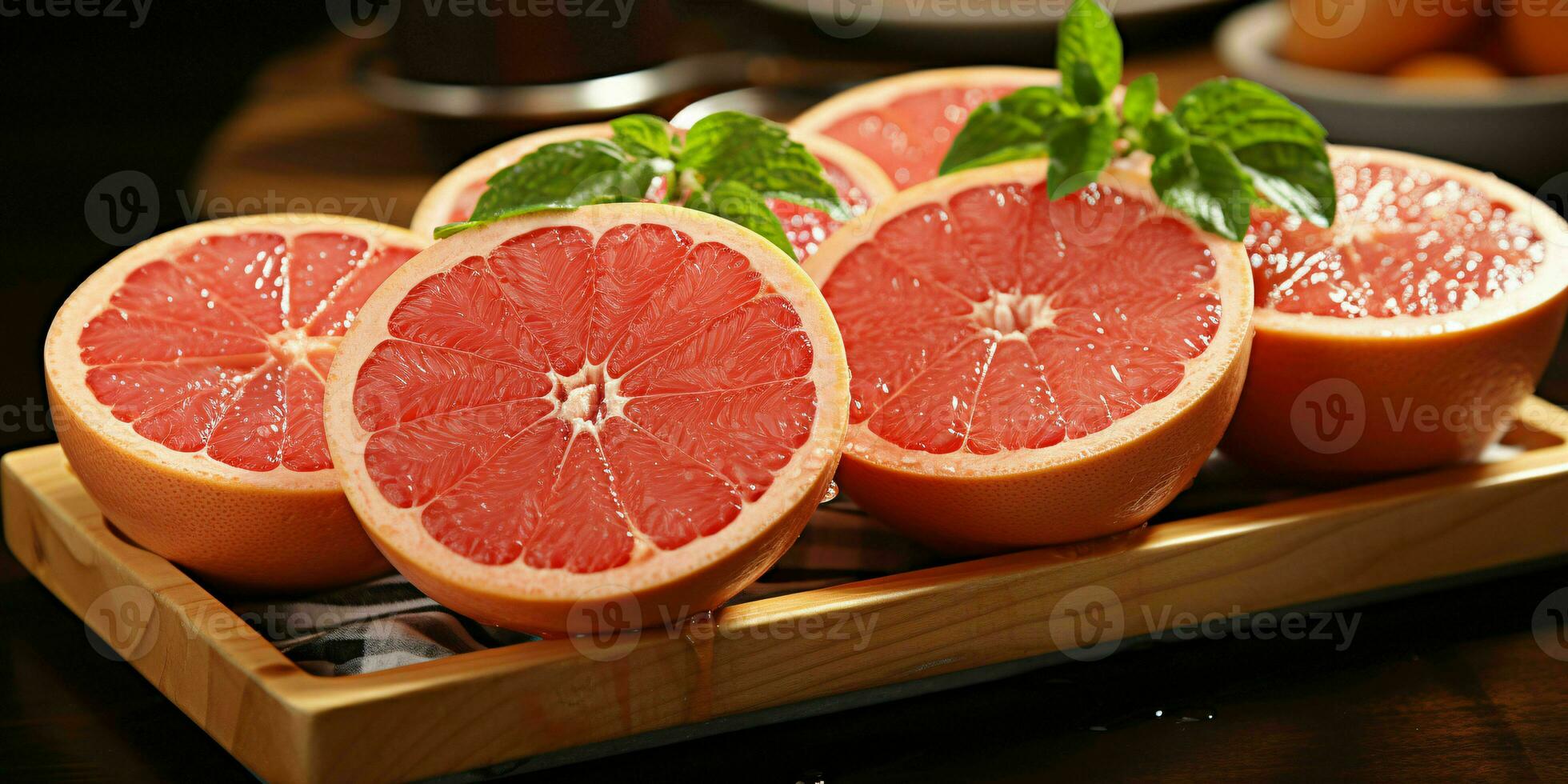 AI generated Sliced Fresh Grapefruits with Water Droplets. Pomelo Fruits. Generative AI photo