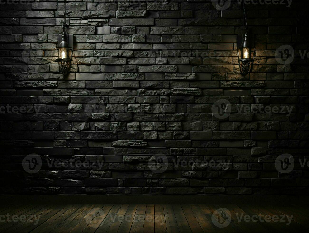 AI generated Black Brick Wall Texture Background. Room with Dark Brick Wall. Generative AI photo