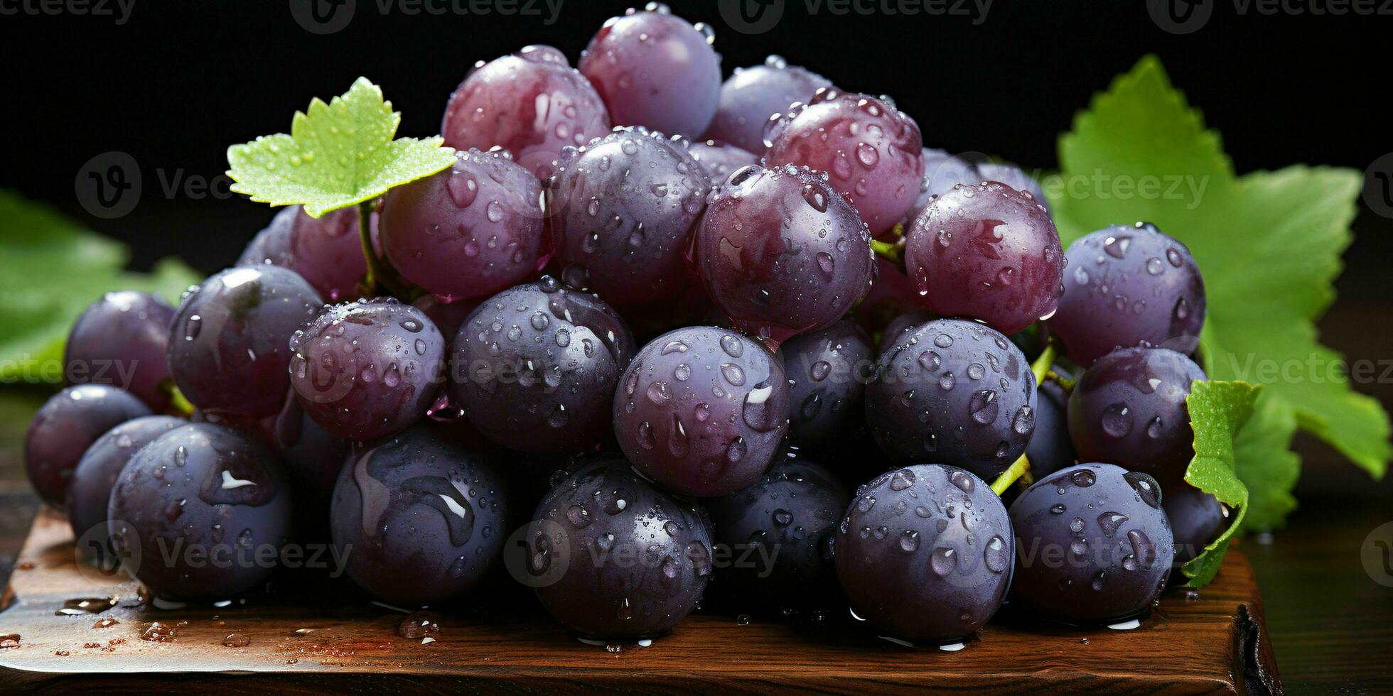 AI generated Fresh and Wet Grape Bunches in Wooden Basket. Generative AI photo
