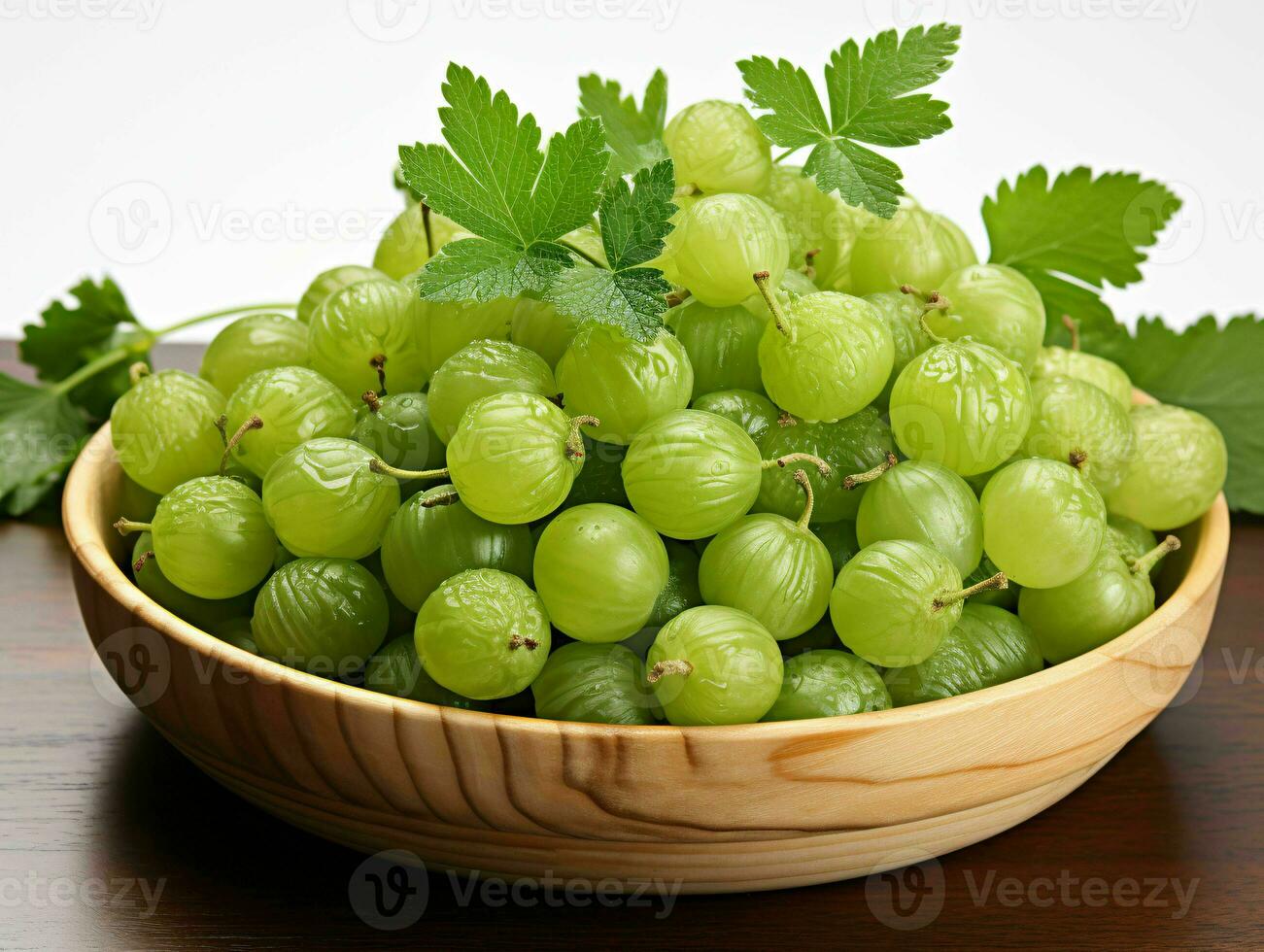 AI generated Fresh Ripe Green Gooseberries in Wooden Basket. Close up of Gooseberry. Generative AI photo