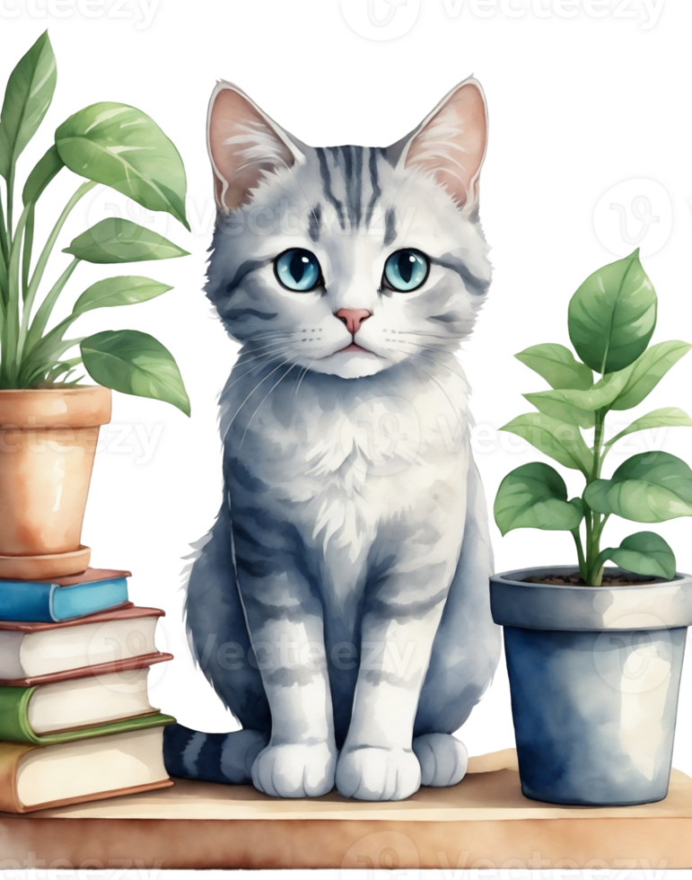 AI generated little  kitten with books and flowers in a pot in retro style png