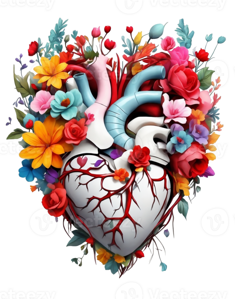 AI generated graphics of a human heart in colorful flowers png
