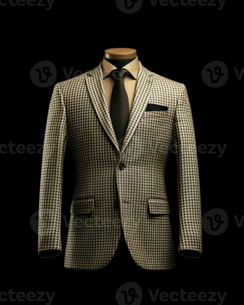 AI generated Elegant Beige Men's Suit with Gingham Motif Isolated on Black Background. Generative AI photo