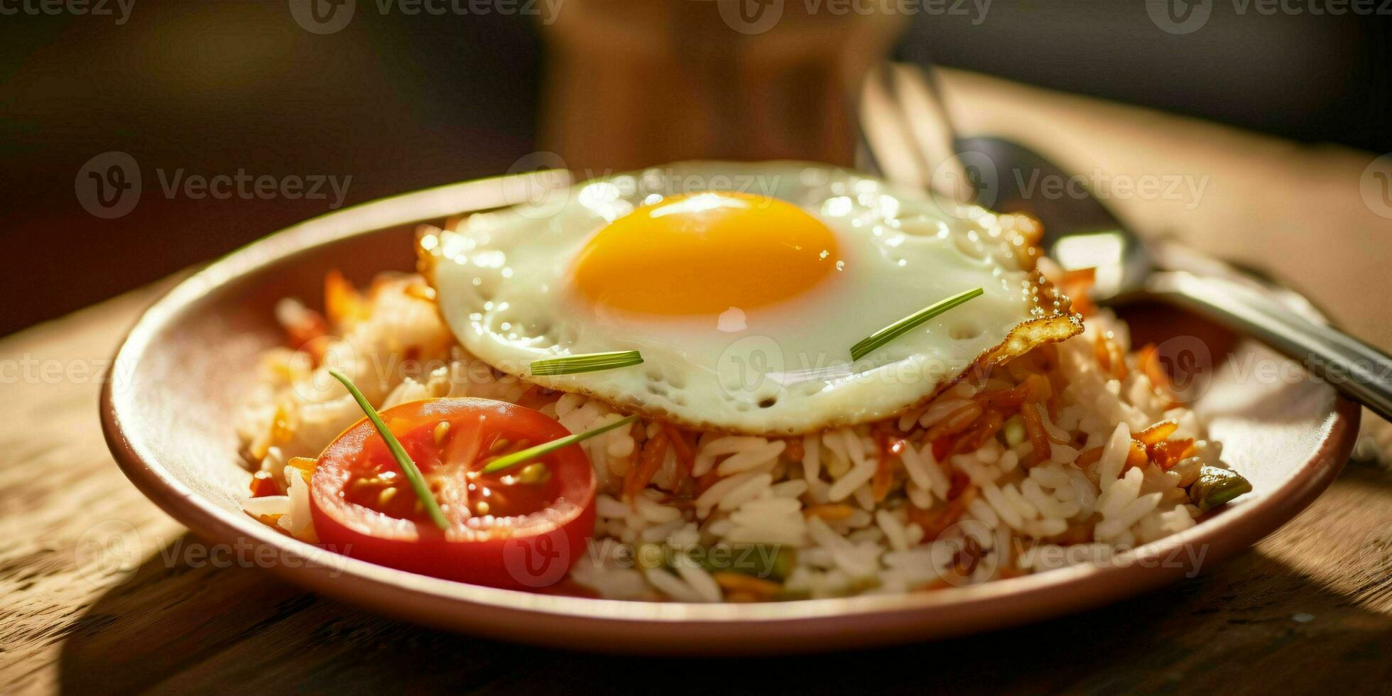 AI generated Delicious fried rice with a sunny side up egg, served on a white plate with a wooden table background. Generative AI photo