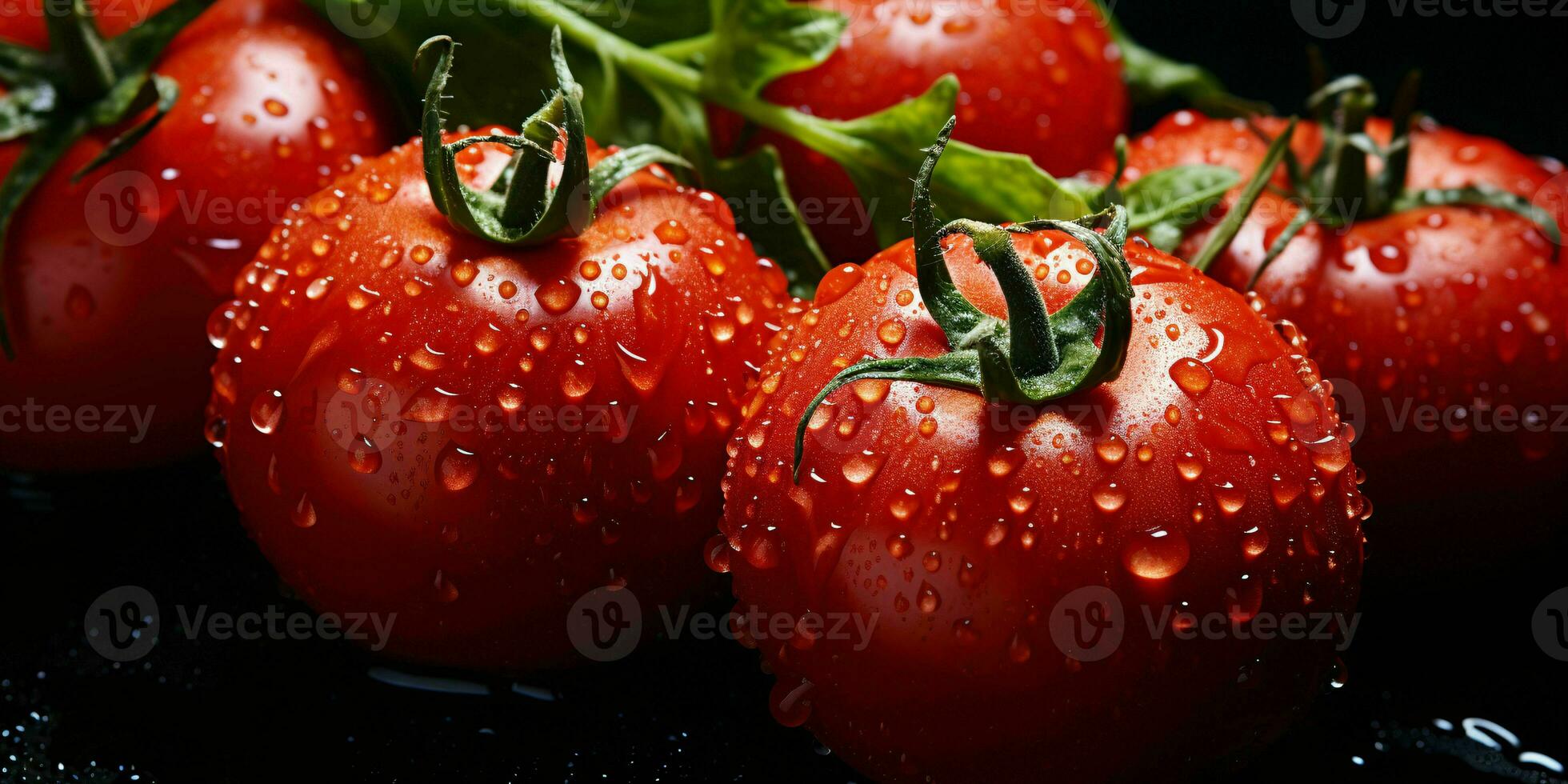 AI generated Fresh Tomatoes with Water Droplets Isolated on Black Background. Generative AI photo