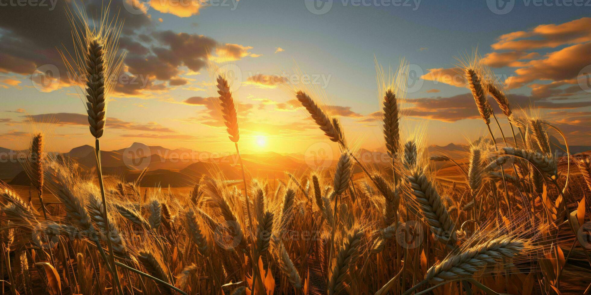 ai generado trigo campos con un hermosa puesta de sol vista. generativo ai foto