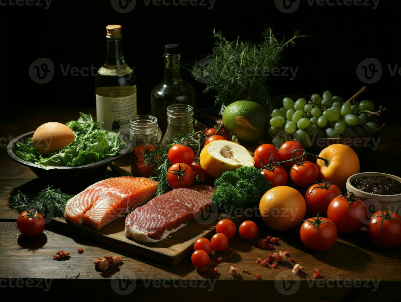 AI generated Arrangement of Raw Meat, Milk, Eggs, and Vegetables on Black Background. Generative AI photo