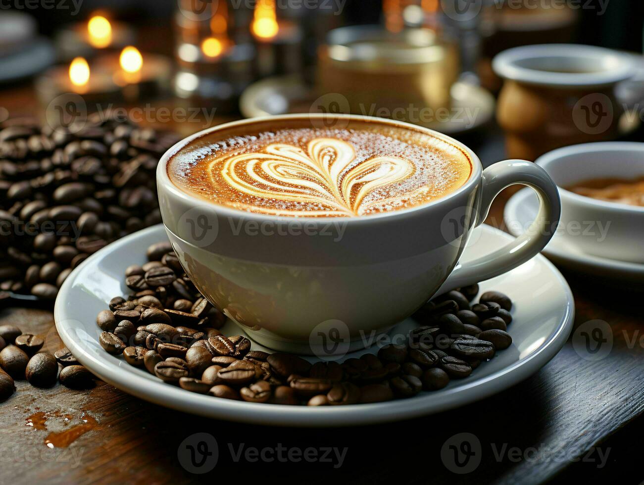 AI generated A Cup of Coffee with Coffee Beans Scattered on a Wooden Table. Generative AI photo