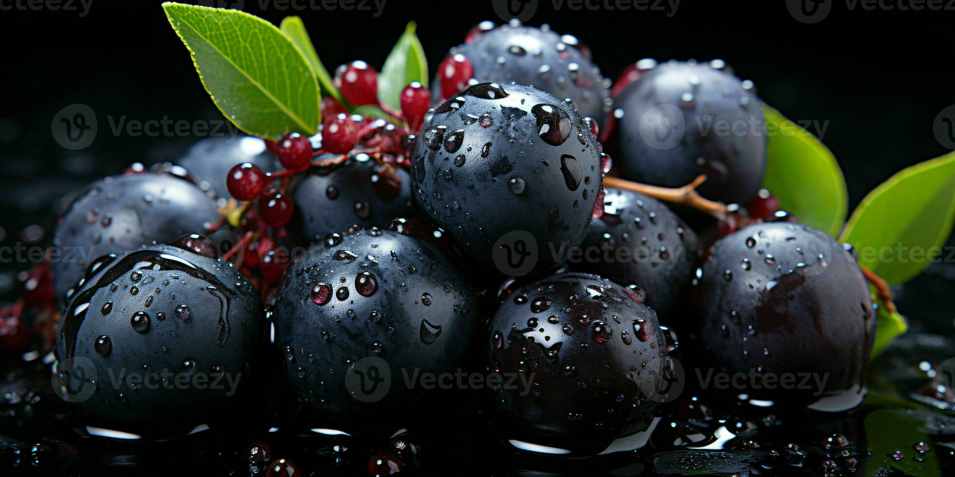 AI generated Fresh Acai Berry with Water Droplets Isolated on a Black Background. Euterpe oleracea. Generative AI photo