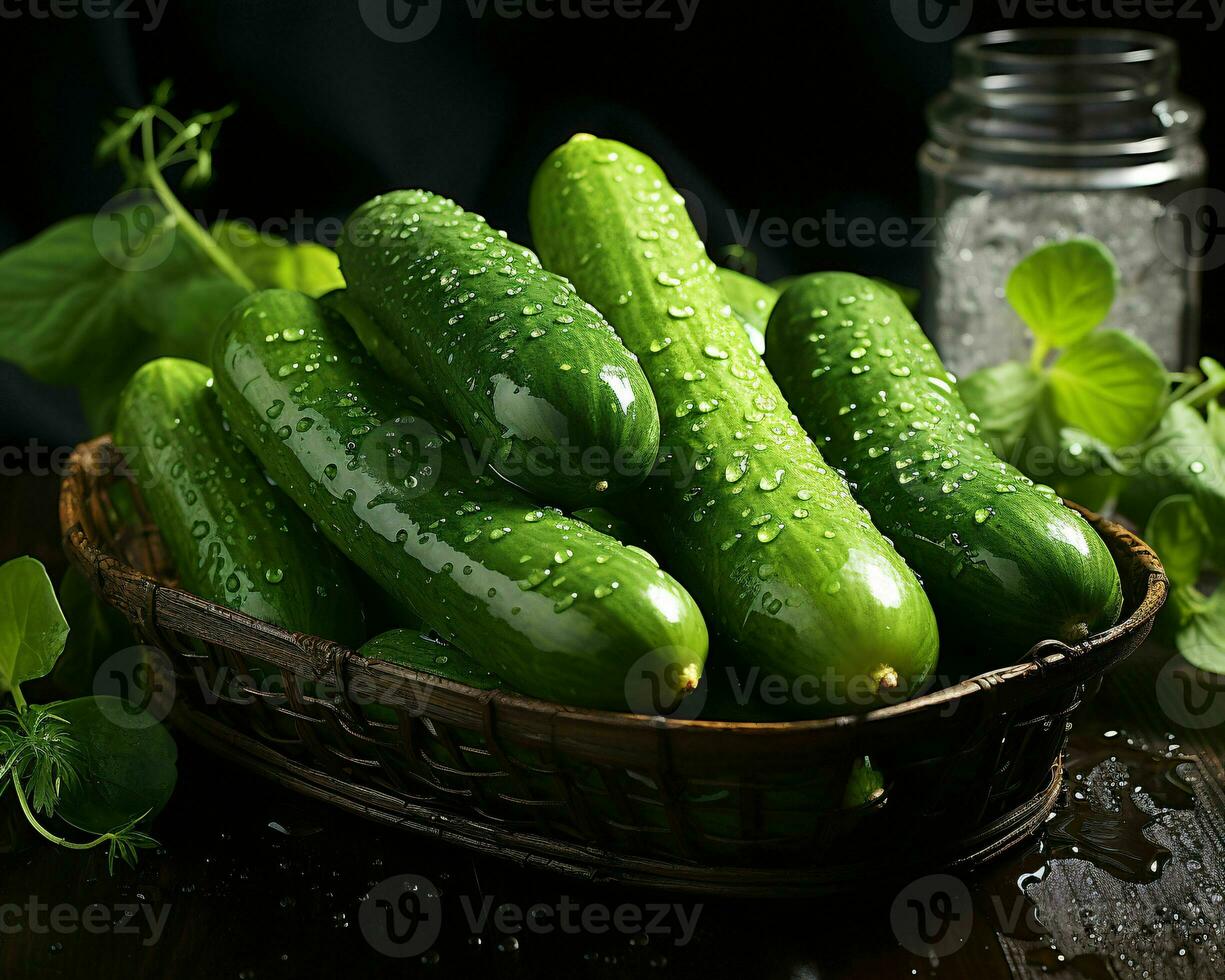 AI generated Fresh Cucumber with Water Droplets. Generative AI photo