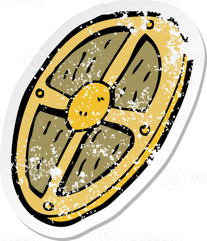 retro distressed sticker of a cartoon shield png