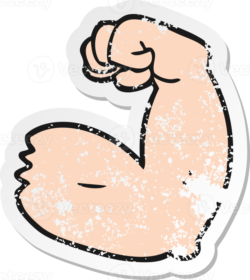 retro distressed sticker of a cartoon strong arm flexing bicep png