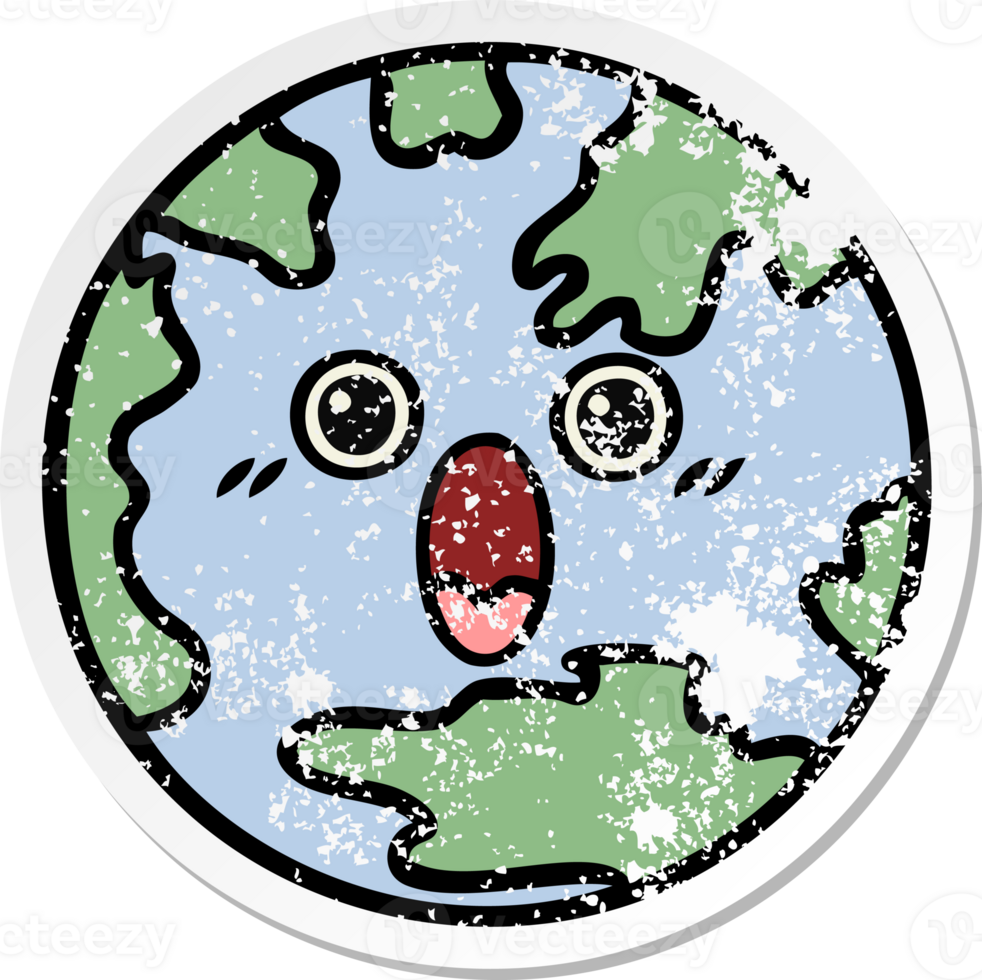 distressed sticker of a cute cartoon planet earth png
