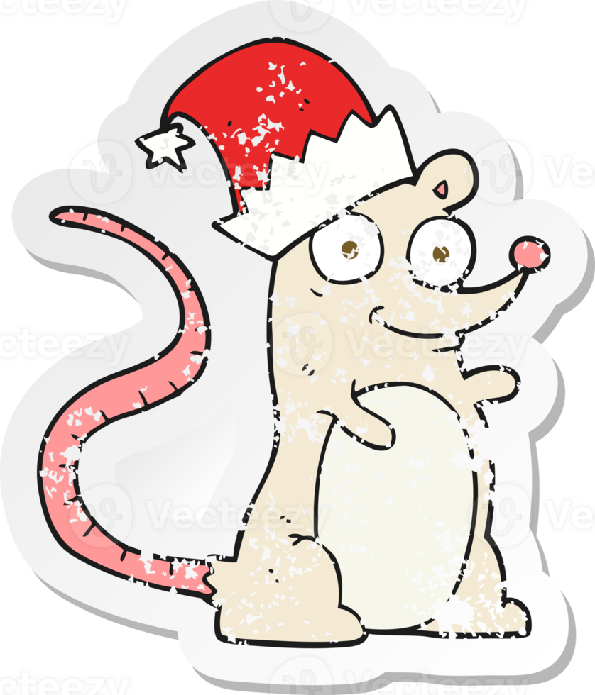 retro distressed sticker of a cartoon mouse wearing christmas hat png