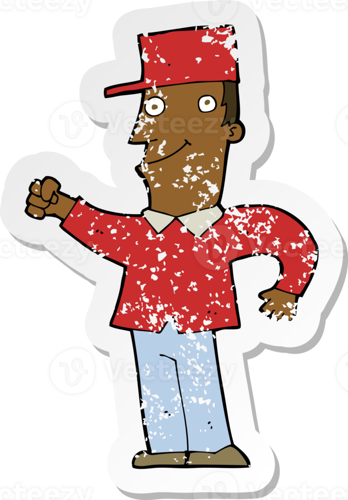 retro distressed sticker of a cartoon man punching air png