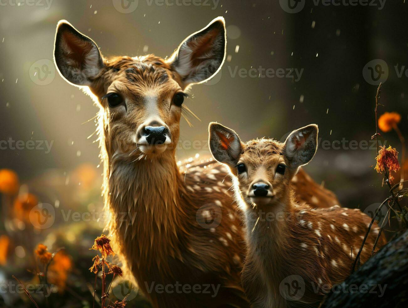 AI generated Deer and Fawn With a Blurry Forest Background. Generative AI photo