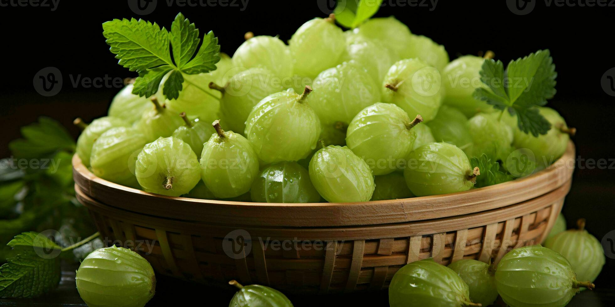 AI generated Fresh Ripe Green Gooseberries in Wooden Basket. Close up of Gooseberry. Generative AI photo