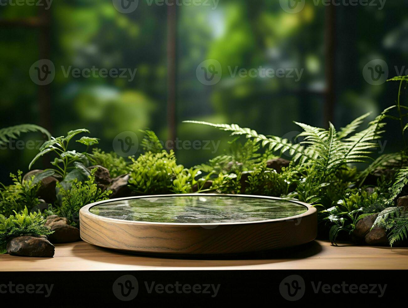 AI generated Wooden Product Display Podium with Nature Background. Natural Product Placement Pedestal Stand. Generative AI photo