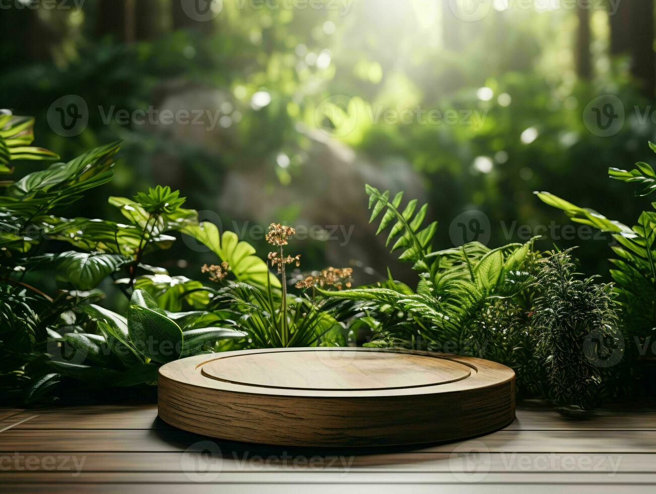 AI generated Wooden Product Display Podium with Nature Background. Natural Product Placement Pedestal Stand. Generative AI photo