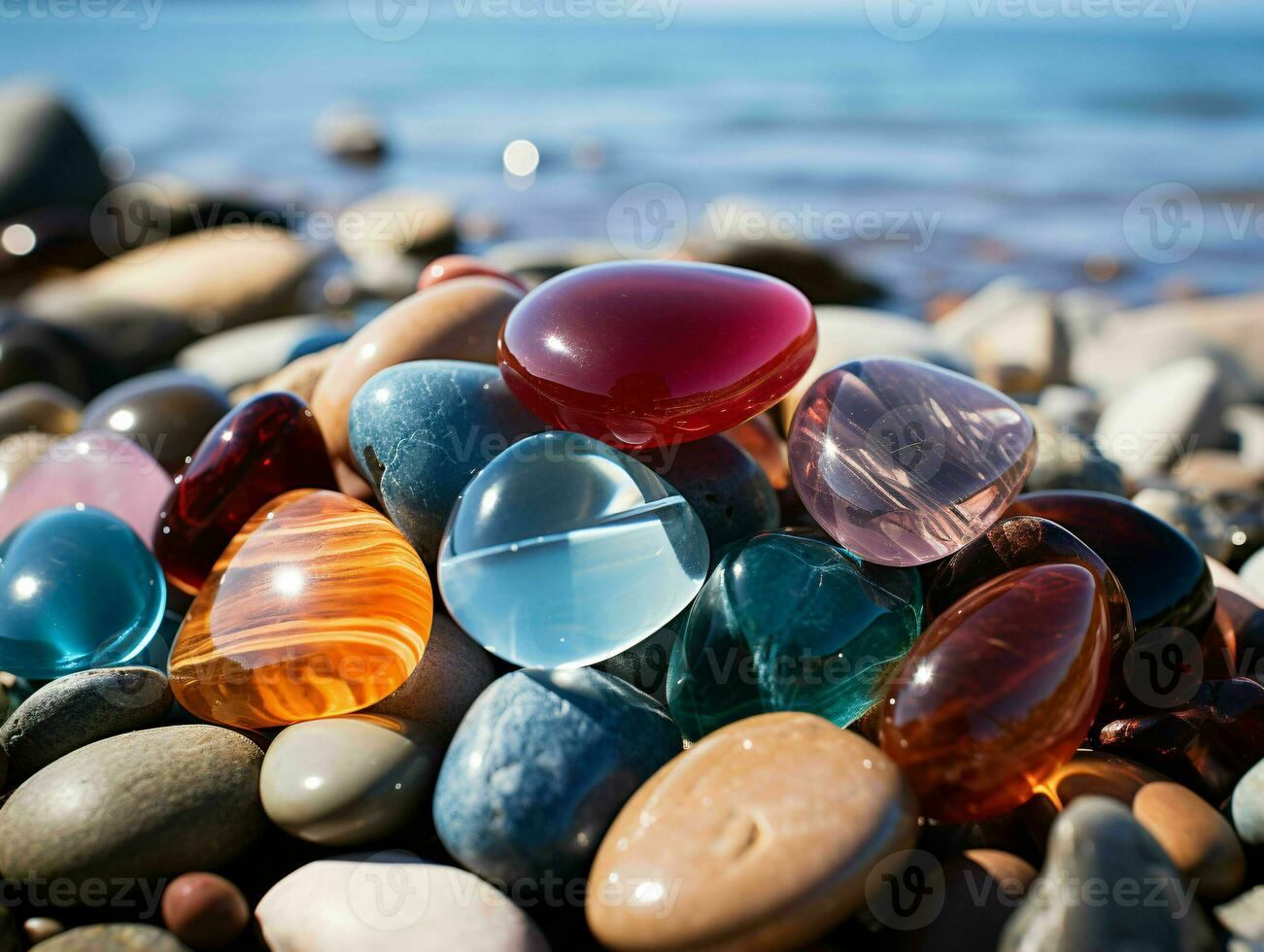 AI generated Colorful Sea Glass on The Beach. Gemstone. Generative AI photo